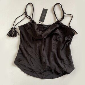 NWT Rachel Zoe Black Satin Spaghetti Strap Tassel Cowl Neck Cami Size L
